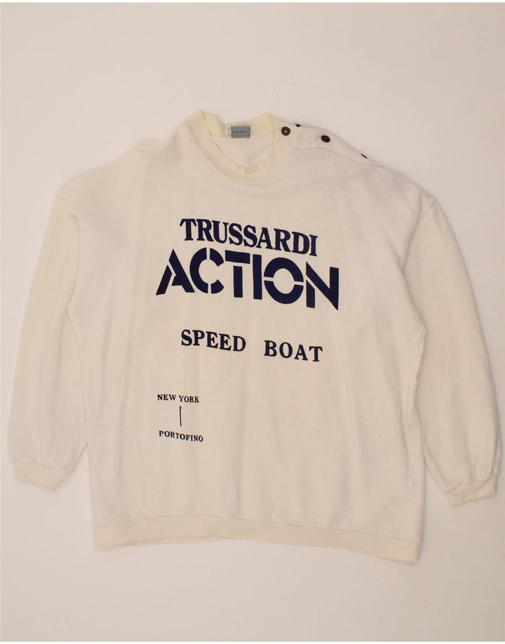 TRUSSARDI Mens Graphic Sweatshirt Jumper Medium White Cotton Vintage Trussardi and Second-Hand Trussardi from Messina Hembry 