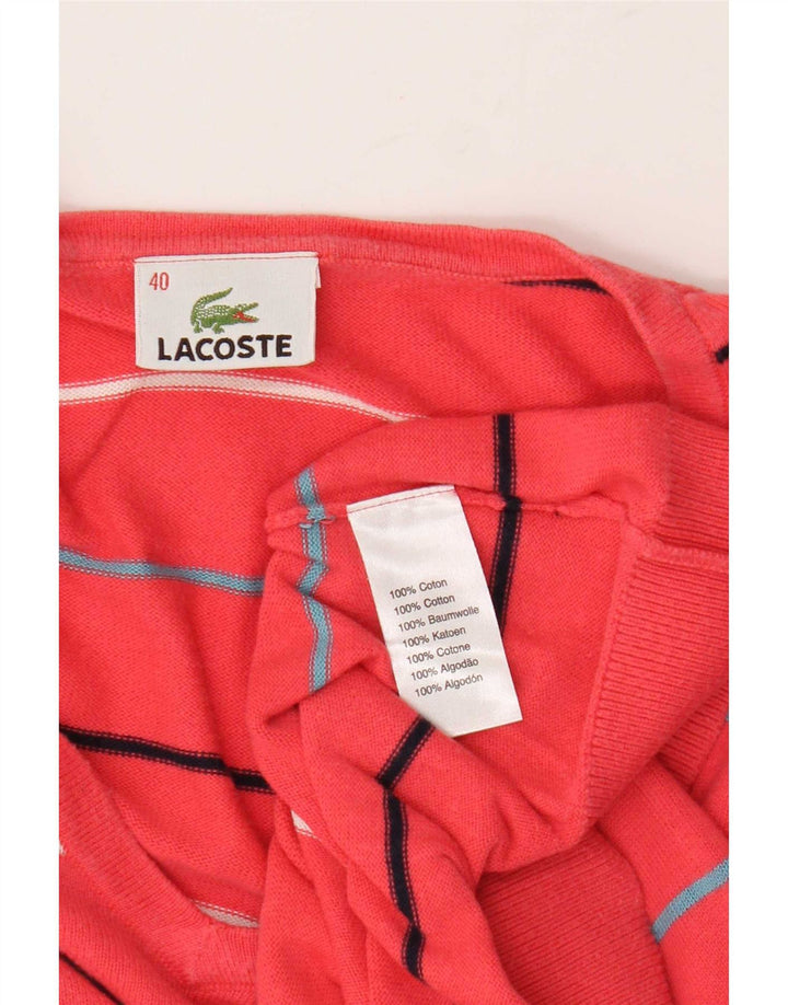 Lacoste Damen-Pullover mit V-Ausschnitt, Größe 40, mittelrosa, gestreift, Baumwolle