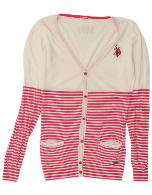 U.S. Polo Assn. Damen-Cardigan-Pullover UK 10 Kleine weiß gestreifte Baumwolle