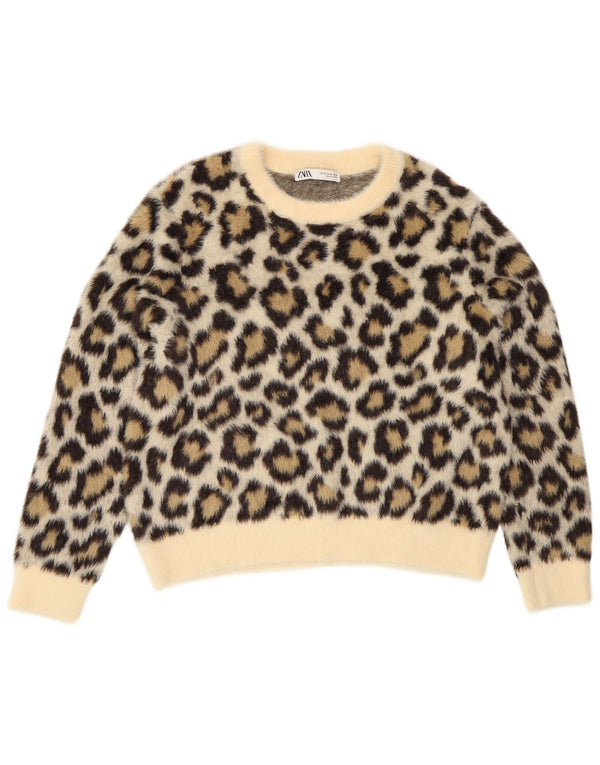 Zara Damen-Pullover mit Rundhalsausschnitt, Gr. 18, XL, Beige, Animal-Print, Polyamid