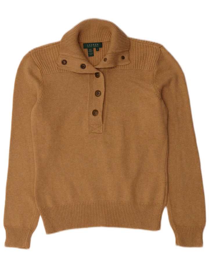Ralph Lauren Damen-Pullover mit Knopfkragen, UK 12, mittelbeige Baumwolle