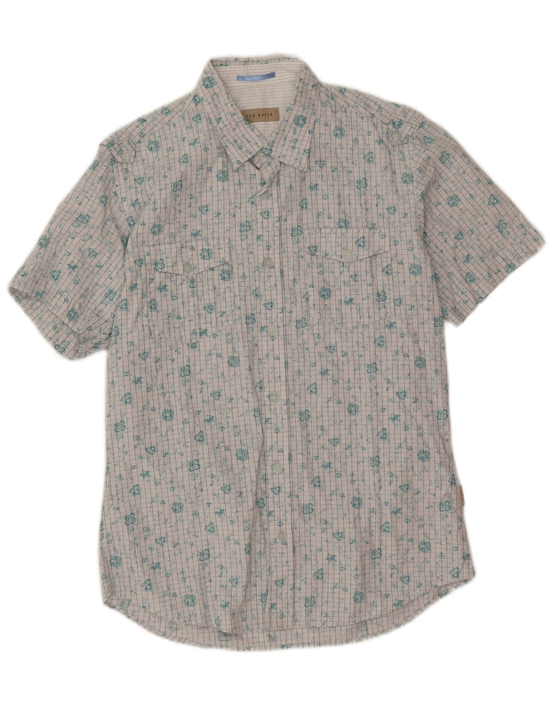 Ted Baker Herren-Kurzarmhemd, Größe 3, mittelweiß, geblümt, Baumwolle