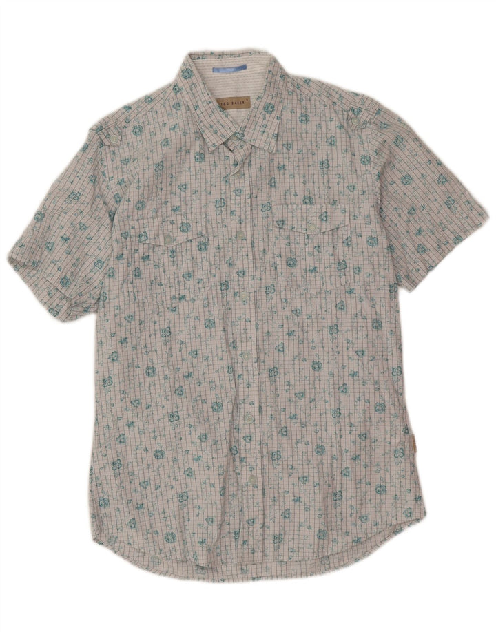 Ted Baker Herren-Kurzarmhemd, Größe 3, mittelweiß, geblümt, Baumwolle