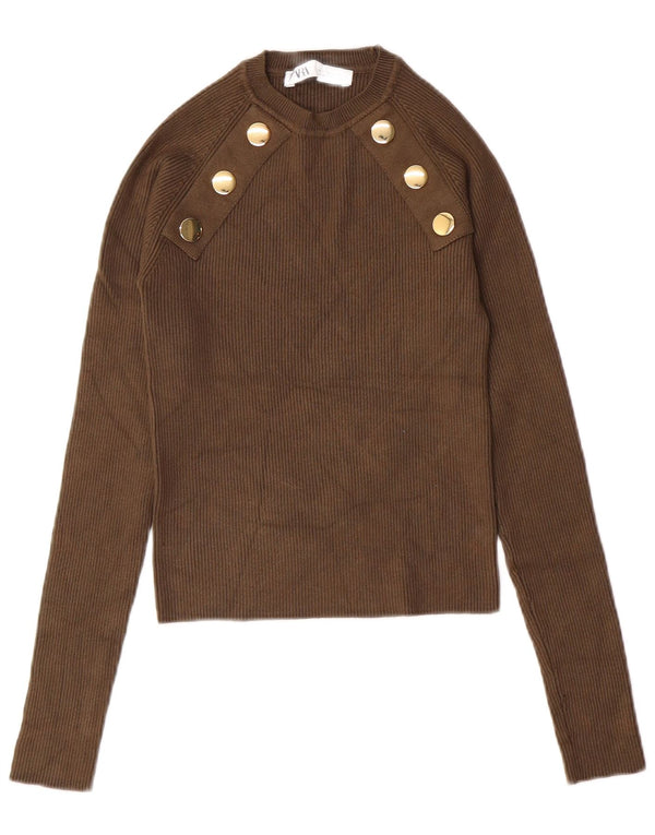 ZARA Damen Crop Crew Neck Pullover Pullover UK 8 Small Khaki