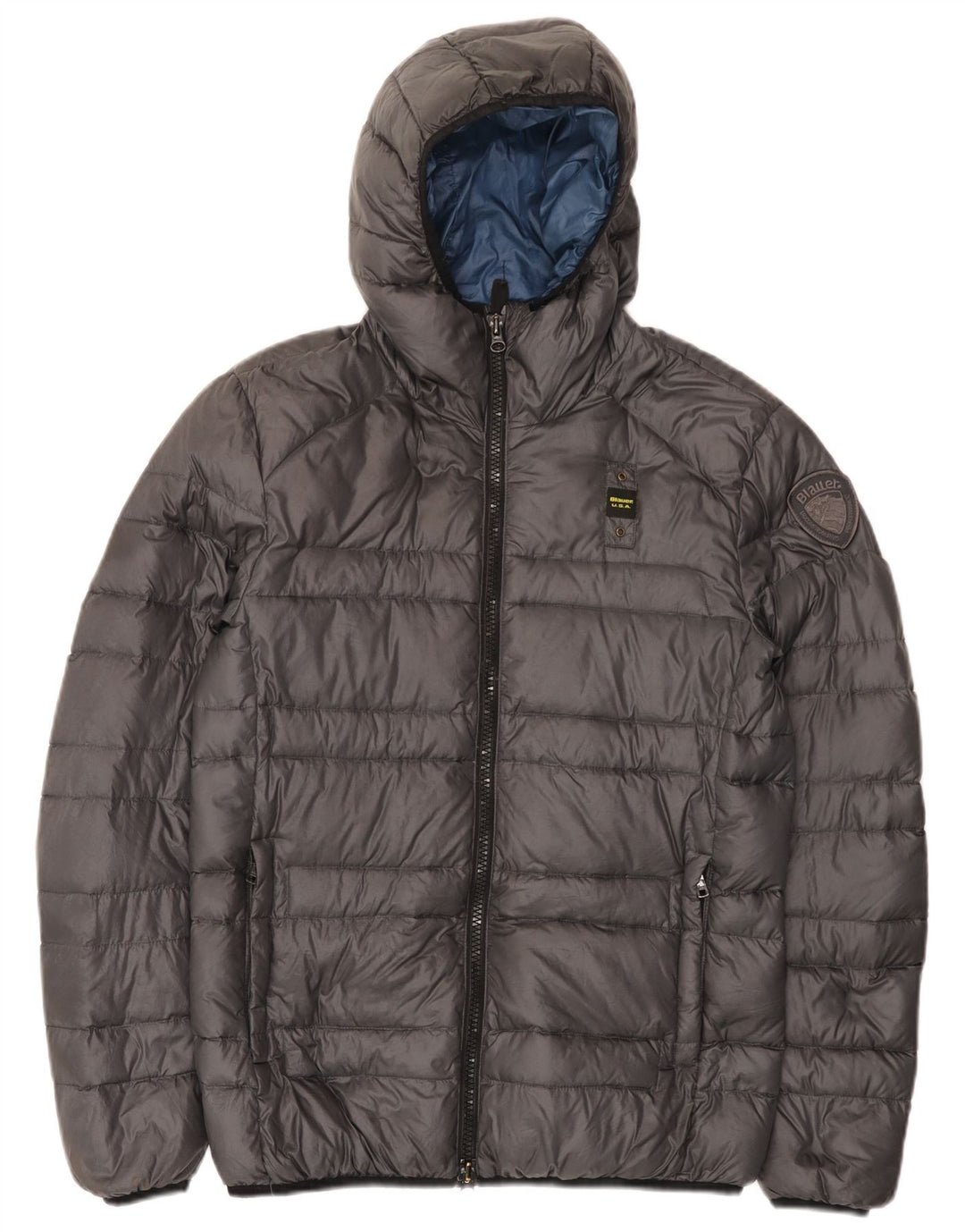 Blauer wattierte Herrenjacke mit Kapuze, UK 38, mittelgraues Polyamid