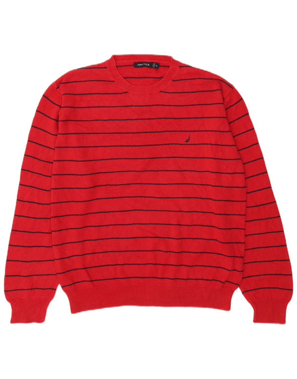 Nautica Herren-Pullover mit Rundhalsausschnitt, XL, rot gestreift, Baumwolle