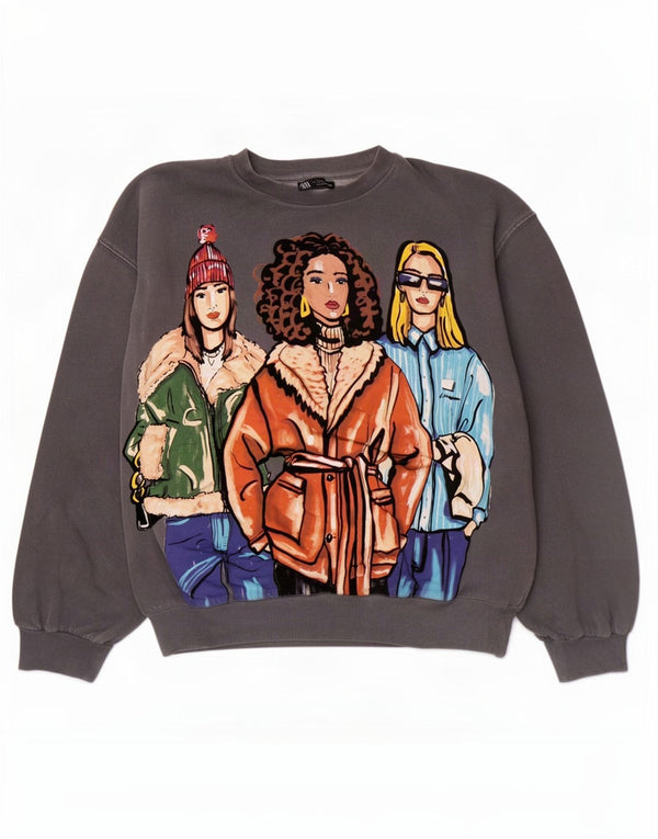 Zara Womens Graphic Oversized Sweatshirt Jumper UK 10 Small Grey Cotton