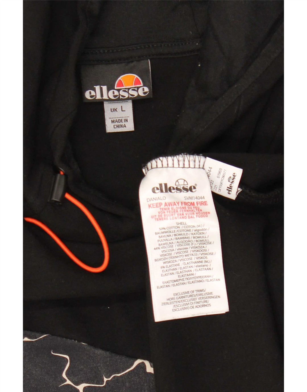 Ellesse Herren-Kapuzenpullover, groß, schwarze geometrische Baumwolle