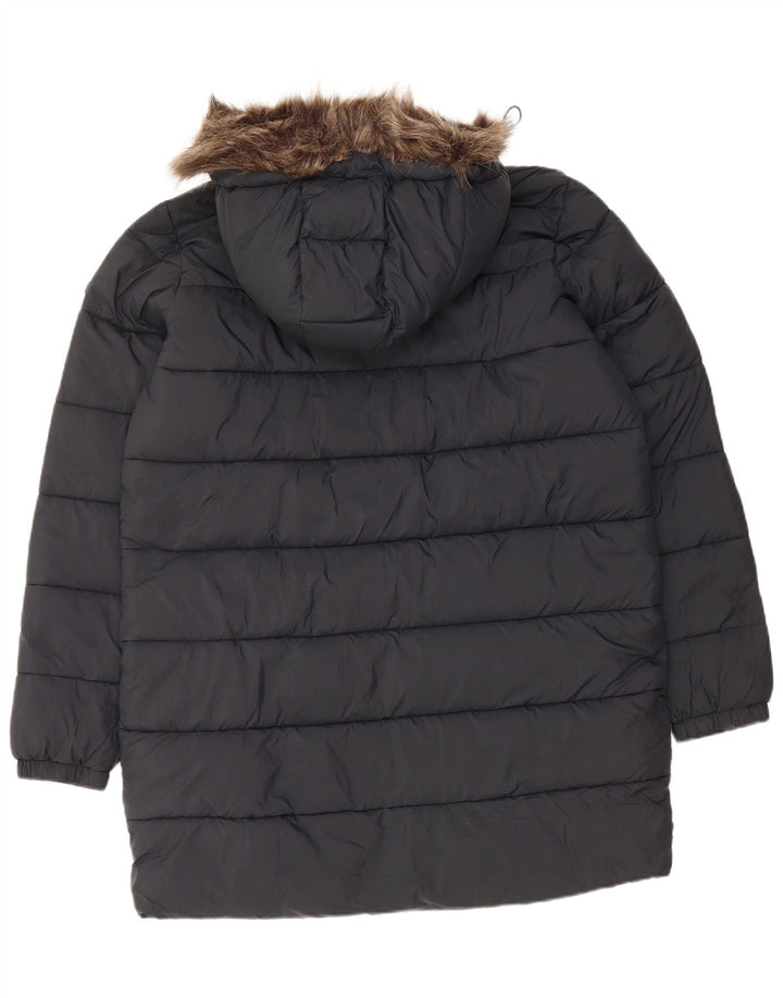 SUPERDRY Wattierter Damenmantel mit Kapuze, UK 14, Größe L, schwarzes Nylon