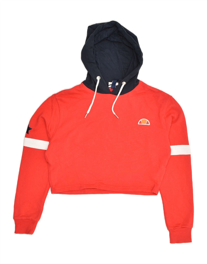 ELLESSE Womens Graphic Crop Hoodie Jumper UK 8 Small Red Colourblock | Vintage Ellesse | Thrift | Second-Hand Ellesse | Used Clothing | Messina Hembry 