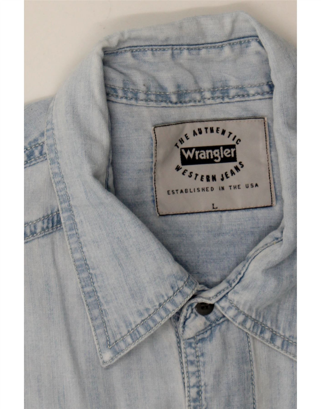 WRANGLER Mens Short Sleeve Denim Shirt Large Blue Cotton Vintage Wrangler and Second-Hand Wrangler from Messina Hembry 