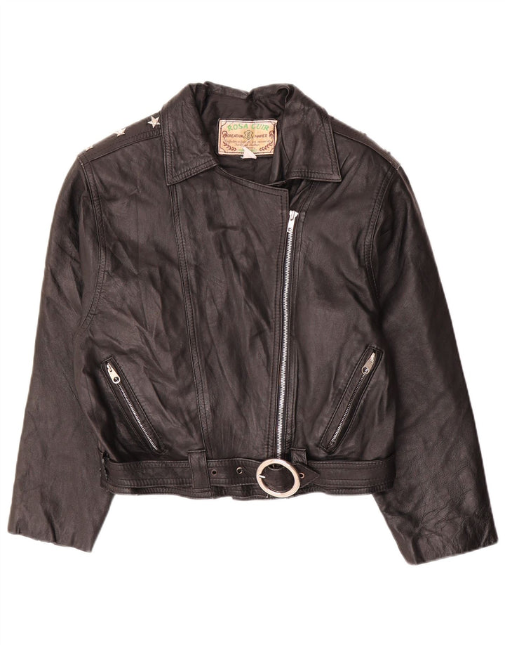 Vintage Damen Crop Leder Bikerjacke UK 12 Mittelschwarzes Leder