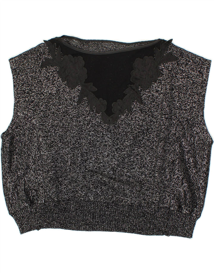 VINTAGE Womens Vest Tank Top UK 14 Medium Silver Floral Vintage Vintage and Second-Hand Vintage from Messina Hembry 
