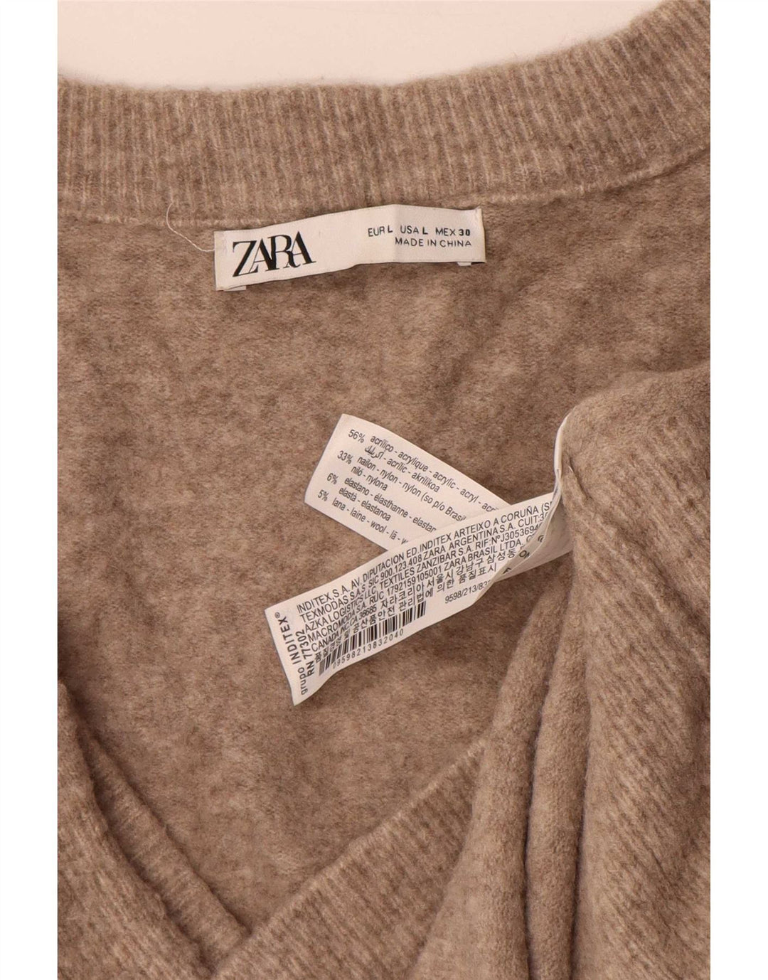 Zara Damen-Pullover, übergroß, lang geschnitten, mit V-Ausschnitt, Gr. 16, Braun