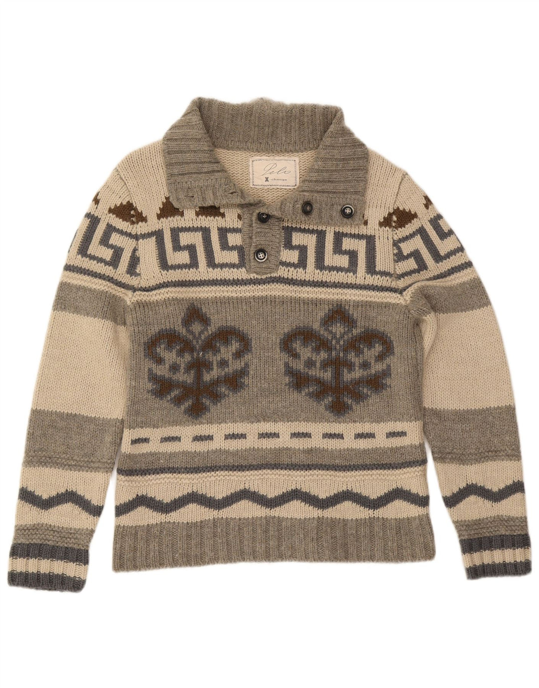 Vintage Herren-Pullover mit Knopfkragen, IT 50, Mittelgrau, Fair Isle
