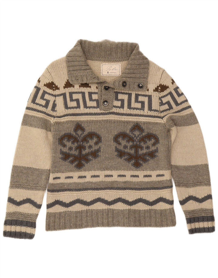 Vintage Herren-Pullover mit Knopfkragen, IT 50, Mittelgrau, Fair Isle