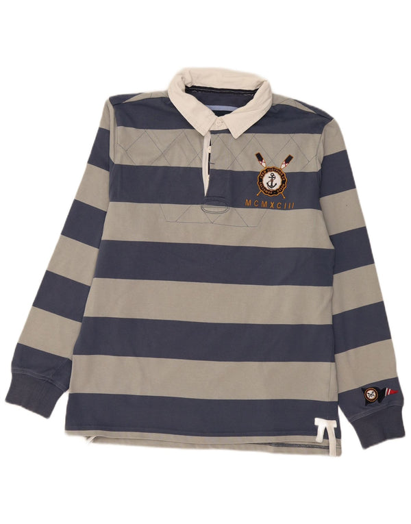 CREW CLOTHING Herren-Rugby-Poloshirt mit Grafik, langärmlig, groß, grau gestreift
