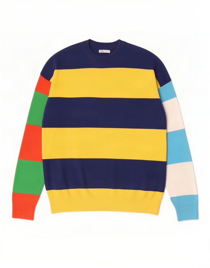 Zara Herren-Pullover mit Rundhalsausschnitt, mittelgroß, mehrfarbig, gestreift, Baumwolle