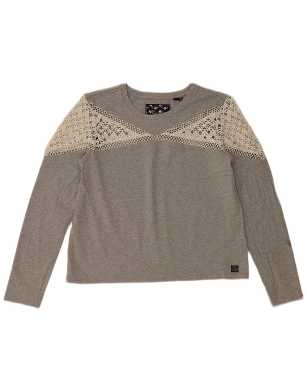 Superdry Damen Top Langarm UK 12 Mittelgraue Baumwolle