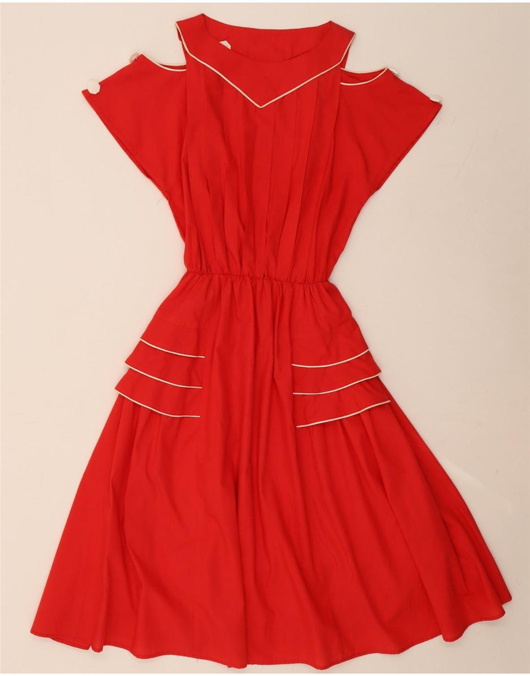 Vintage Damen Off Shoulder Kleid UK 14 Mittelrote Viskose