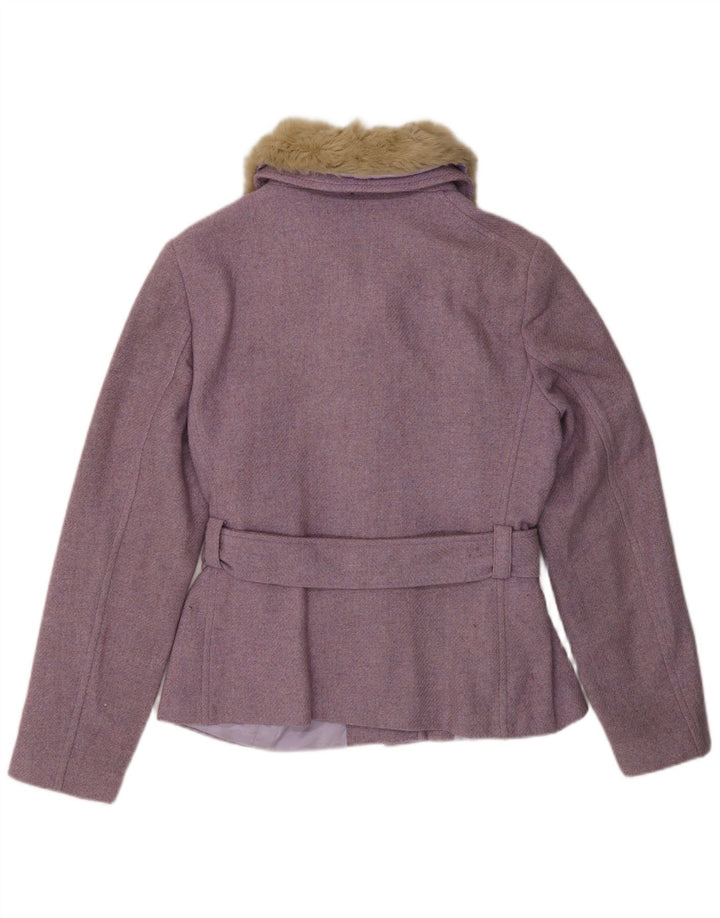 Zara Damen-Kunstpelzjacke, EU 42, mittellila, gefleckte Wolle, klassisch