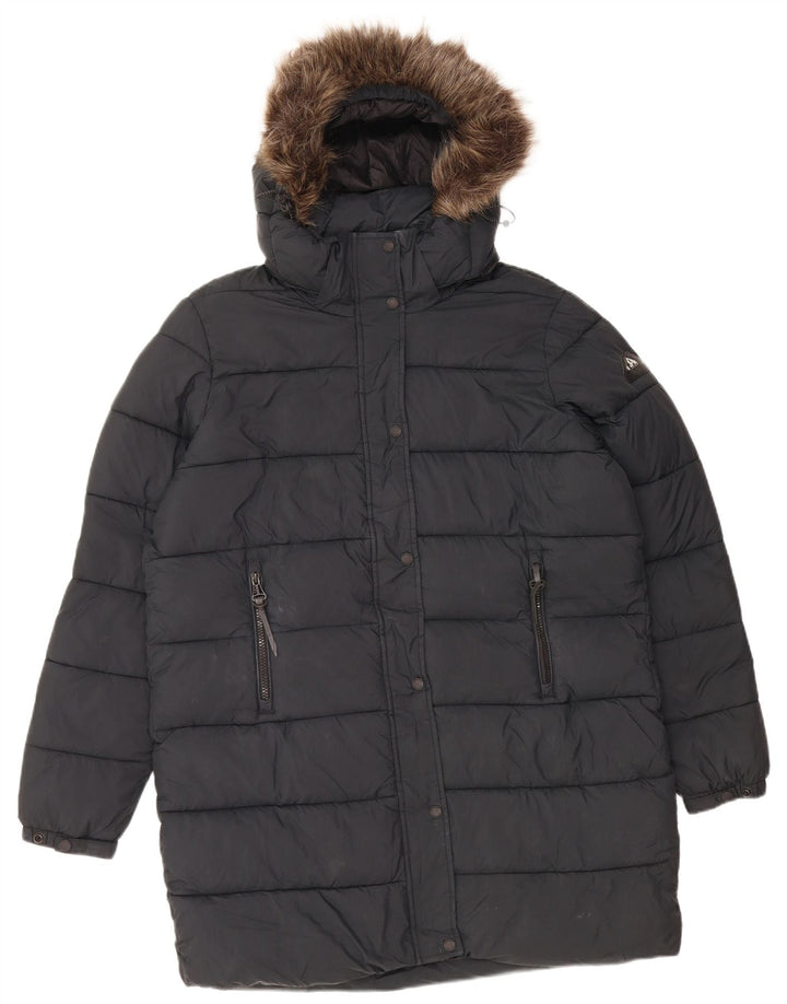 SUPERDRY Wattierter Damenmantel mit Kapuze, UK 14, Größe L, schwarzes Nylon