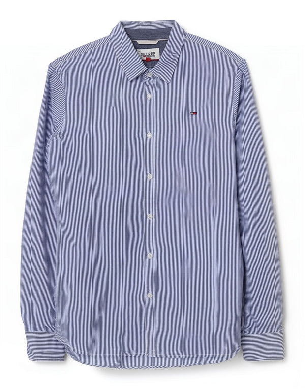 Tommy Hilfiger Herren-Slim-Fit-Hemd aus mittelblauer Nadelstreifen-Baumwolle