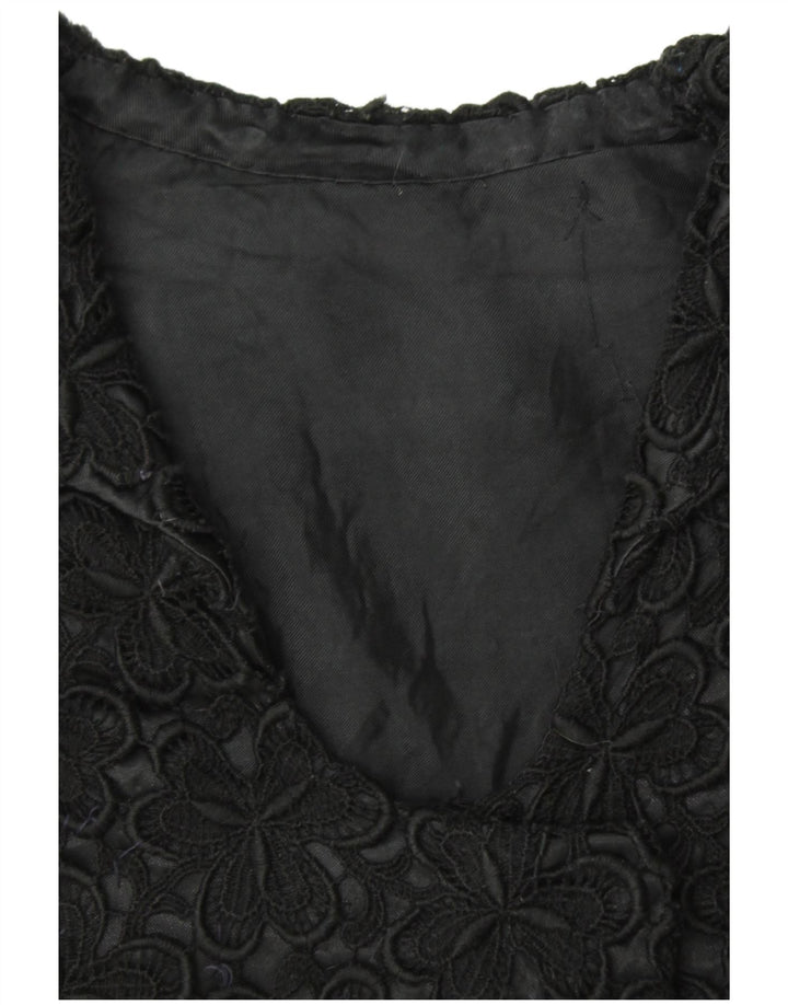 VINTAGE Damen Kurzarm-Blazerjacke UK 12 Mittelschwarz geblümt