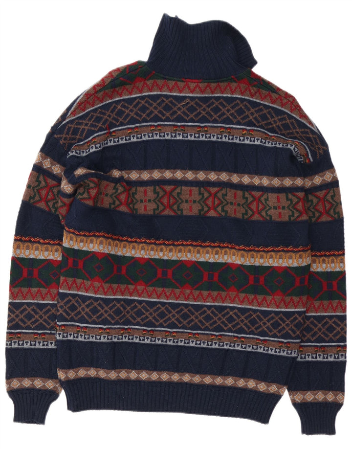 White Sails Herren-Pullover mit Reißverschluss am Hals, groß, marineblaue Fair-Isle-Wolle