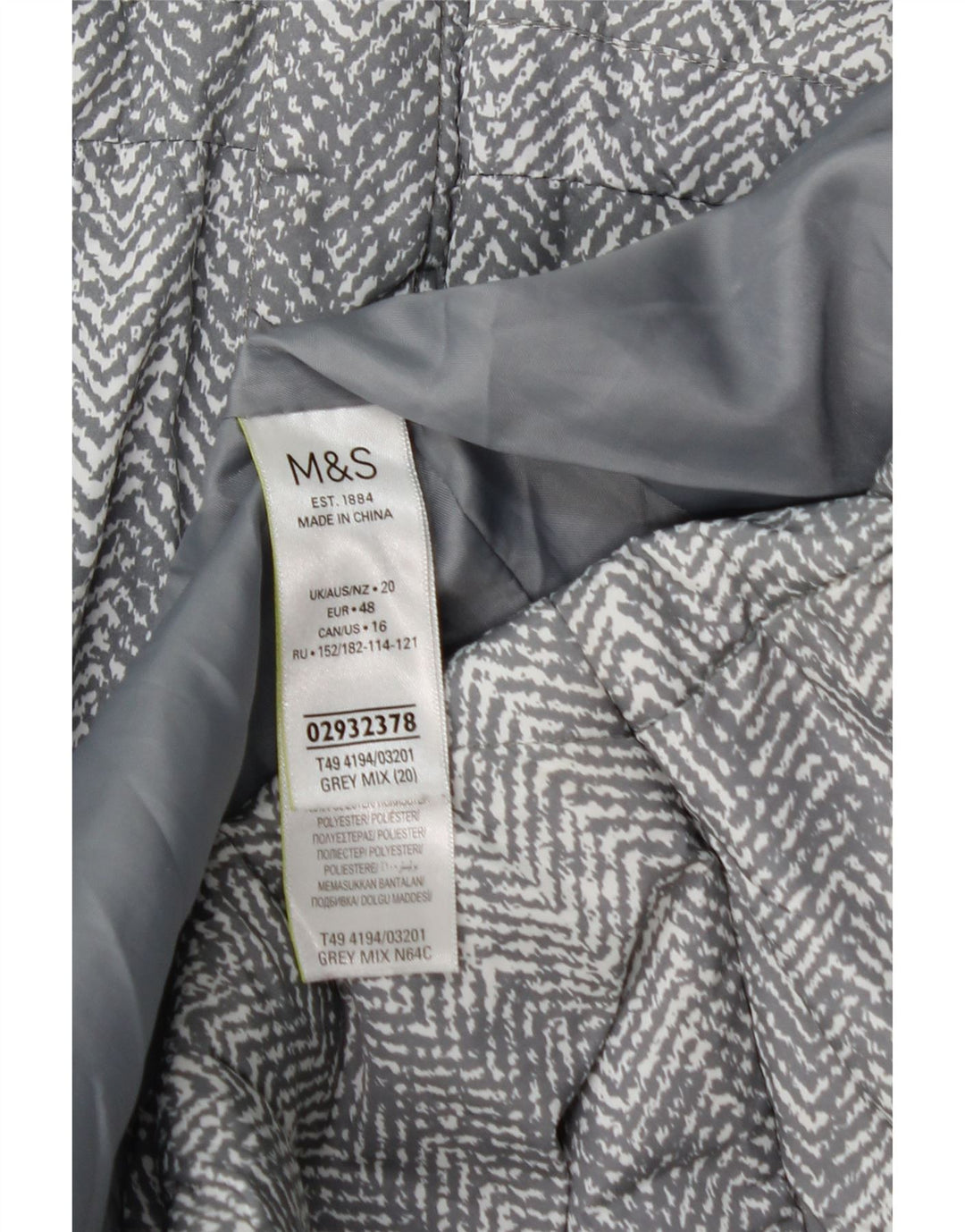 Marks & Spencer Damen Wattierte Jacke UK 20 2XL Graues Fischgrätenmuster aus Polyester