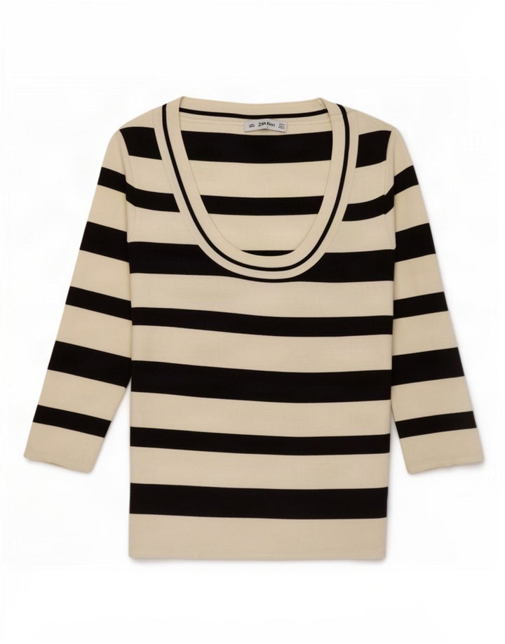 Zara Damen-Top, 3/4-Ärmel, UK-Größe 44, Größe L, weiß gestreift, Polyamid