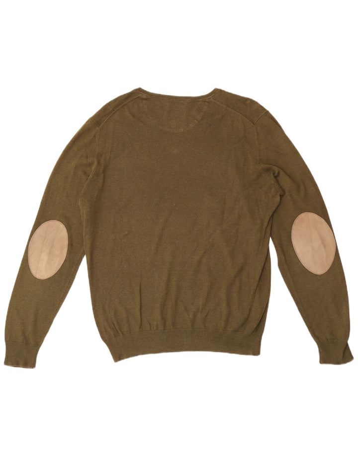 Massimo Dutti Herren-Pullover mit V-Ausschnitt, mittlere Khaki-Baumwolle