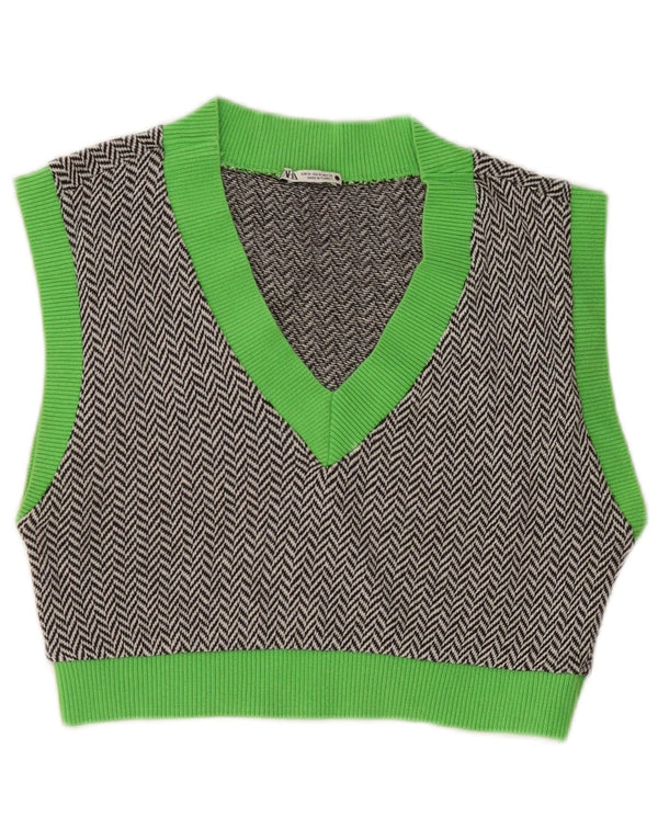 Zara Damen Ärmelloses Crop Top UK 12 Mittelgraue Colourblock-Baumwolle