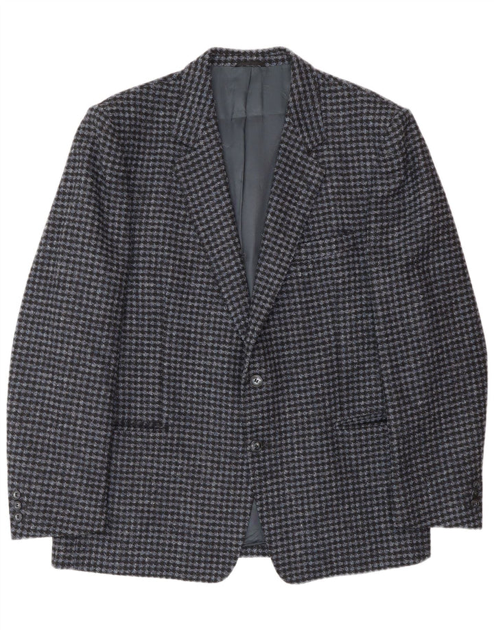 Vintage Herren 2-Knopf-Blazer-Jacke IT 56 3XL Blaue Hahnentritt-Schurwolle