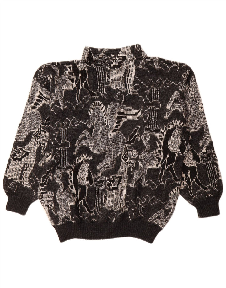 Vintage Damen Cardigan Pullover UK 18 XL Schwarze geometrische Wolle