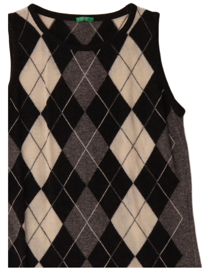 BENETTON Ärmelloses Pulloverkleid für Damen UK 12 Mittelgrau Argyle/Diamant