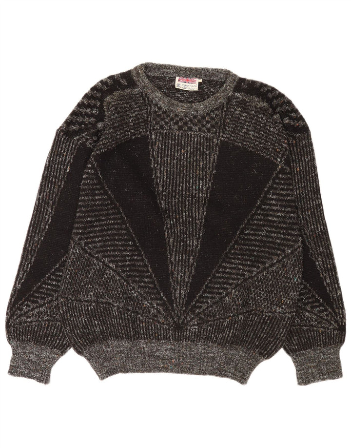 Vintage Herren-Pullover mit U-Boot-Ausschnitt, mittelgraue geometrische Wolle