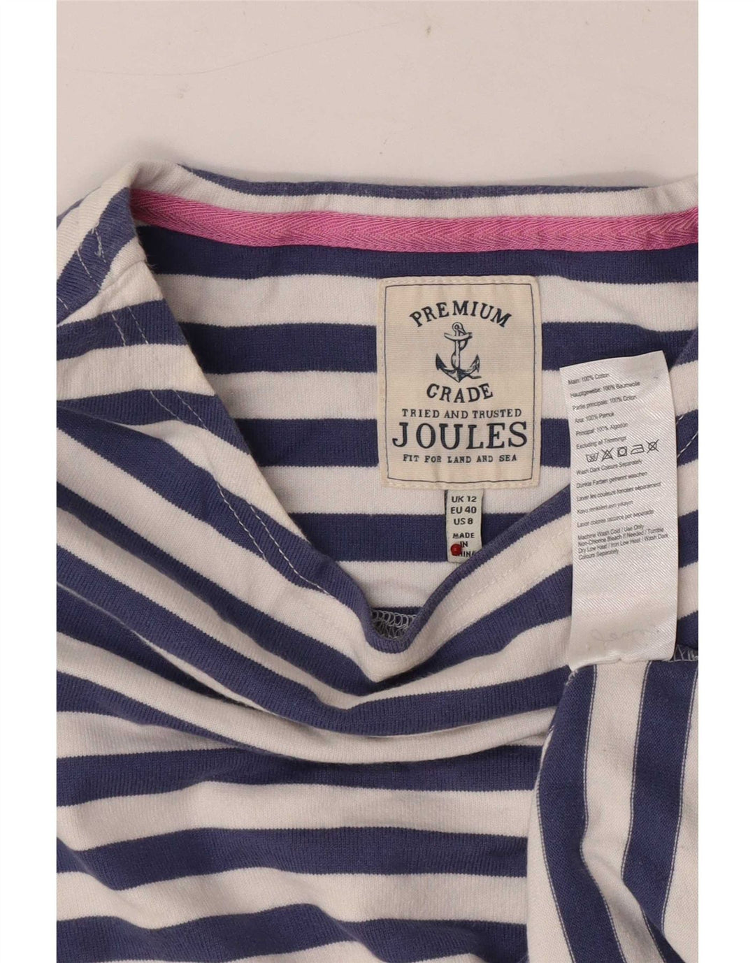 Joules Damen-Top, normal, 3/4-Ärmel, UK 12, mittelblau, gestreift, Baumwolle