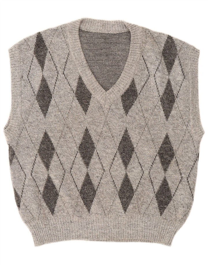 Vintage Herren Weste Tank Top Groß Grau Argyle/Diamant