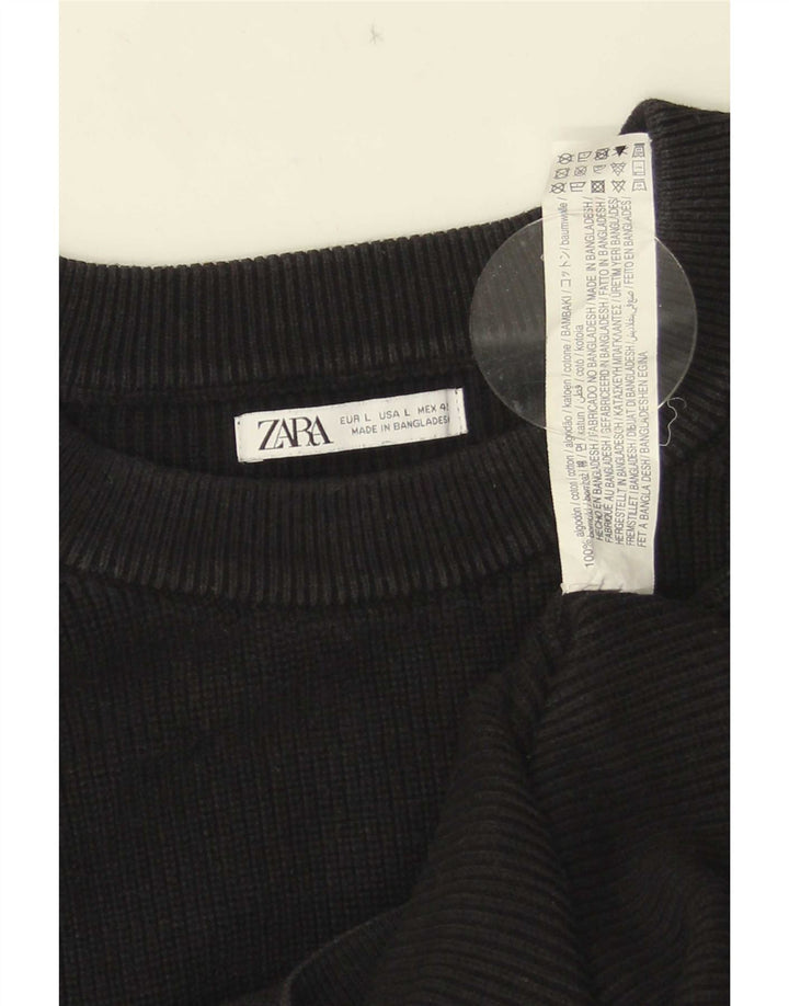 Zara Herren-Pullover mit U-Boot-Ausschnitt, groß, aus schwarzer Baumwolle