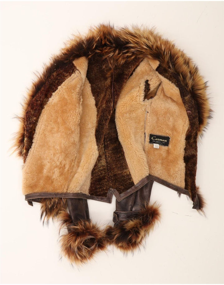 Carmen Damen Crop Shearling Jacke UK 14 Großes braunes Leder