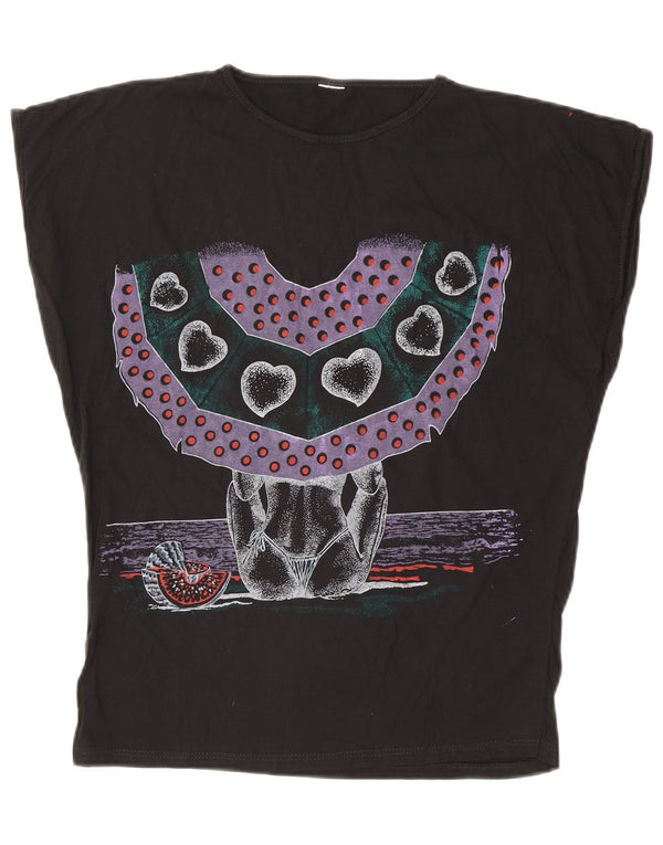 Vintage Damen Grafik T-Shirt Top UK 18 XL Schwarz
