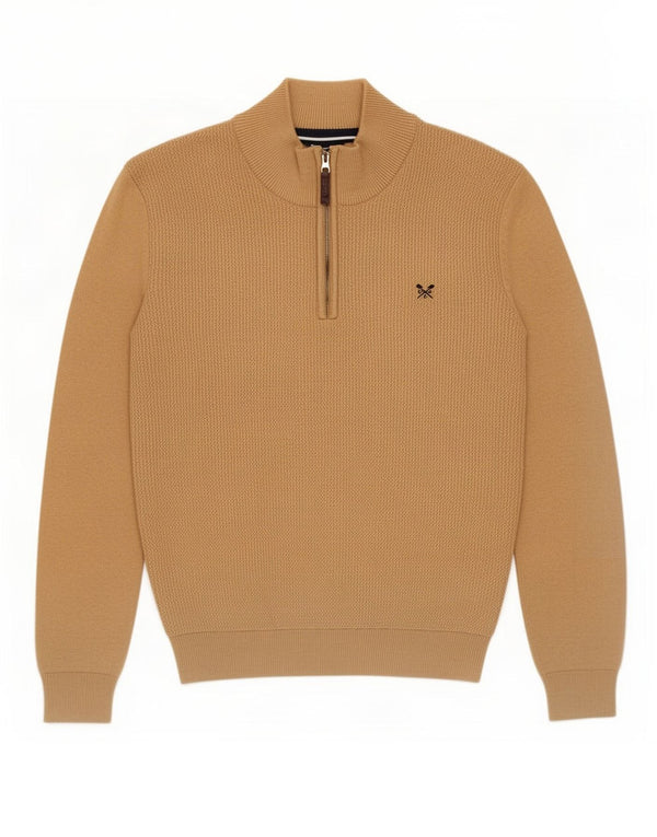 Crew Clothing Herren-Pullover mit Reißverschluss am Hals, groß, braune Baumwolle