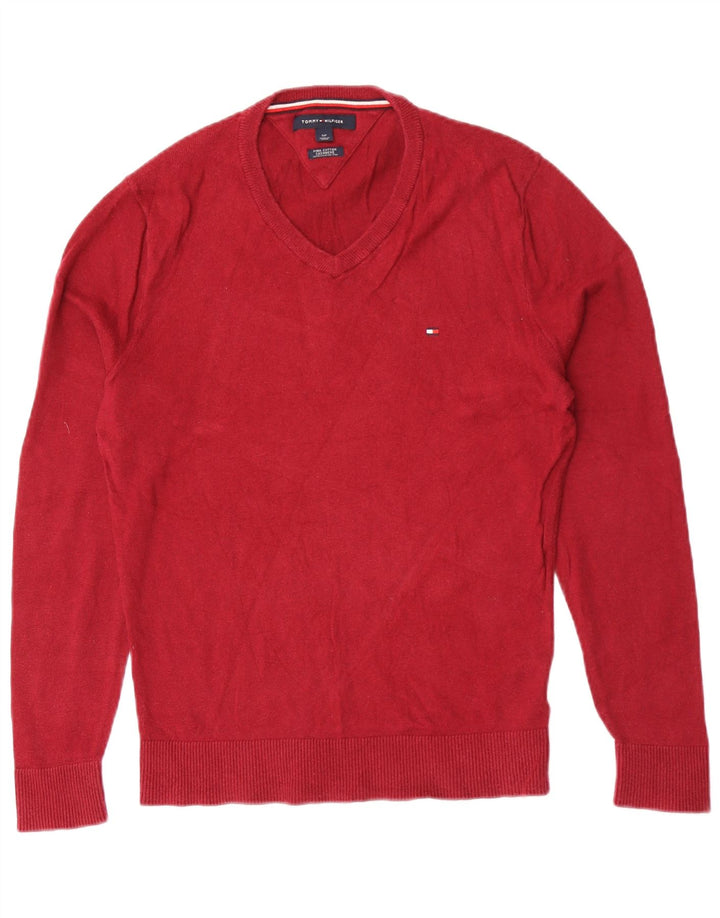 Tommy Hilfiger Herren-Pullover mit V-Ausschnitt, Größe S, rote Baumwolle