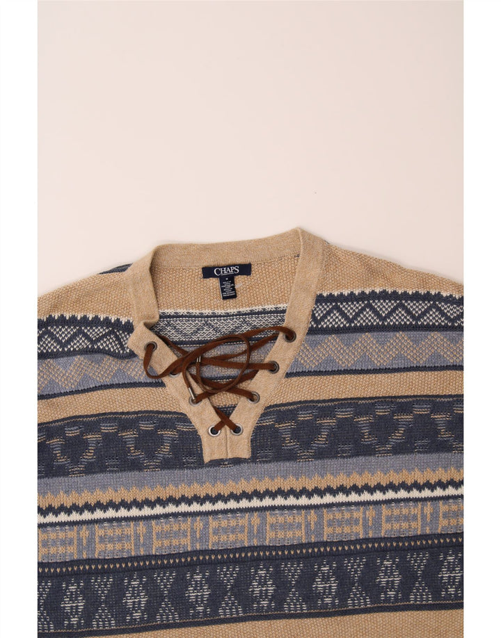 CHAPS Womens Oversized V-Neck Jumper Sweater UK 14 Medium Beige Fair Isle Vintage Chaps and Second-Hand Chaps from Messina Hembry 