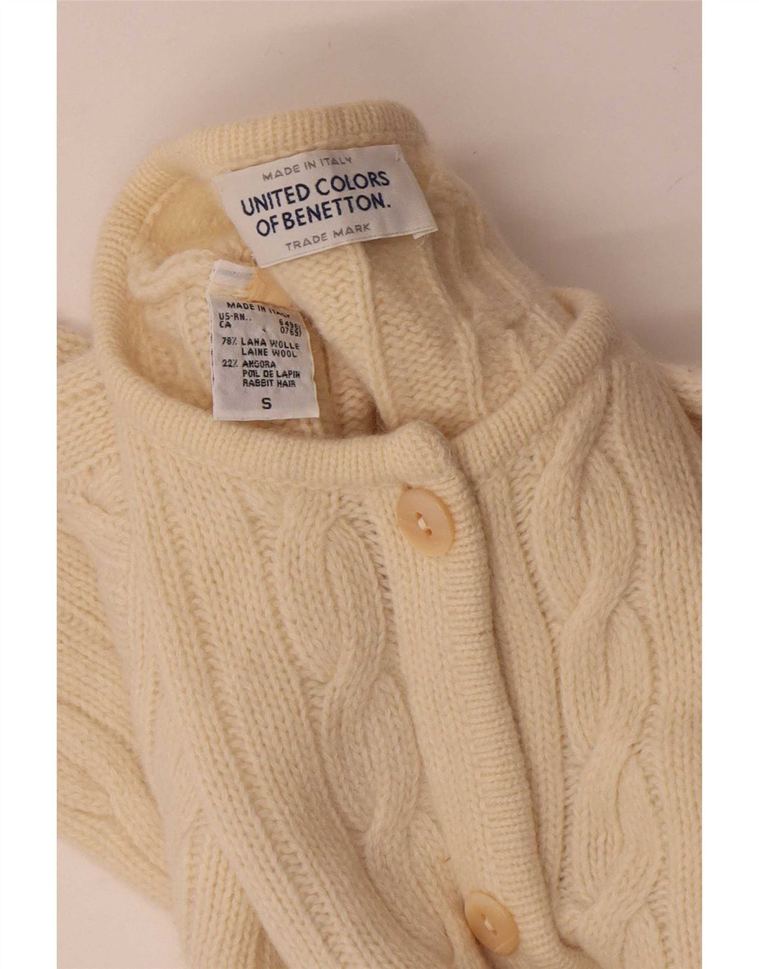 Benetton Damen-Strickjacke in Übergröße, Gr. 10, Größe S, cremefarbene Wolle
