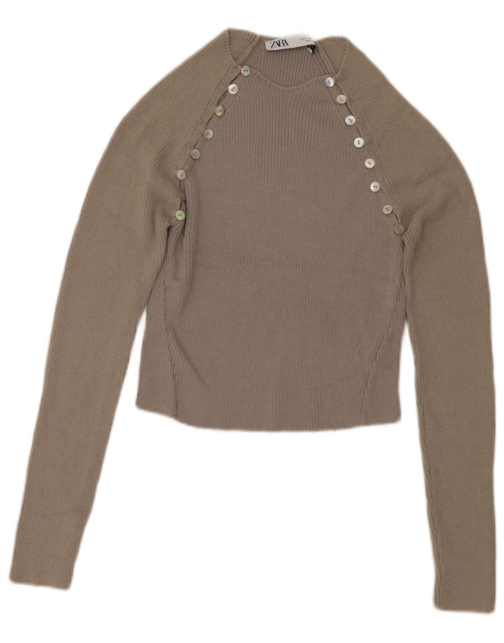 Zara Damen Crop Top Langarm UK 8 Small Grau Colourblock Viskose