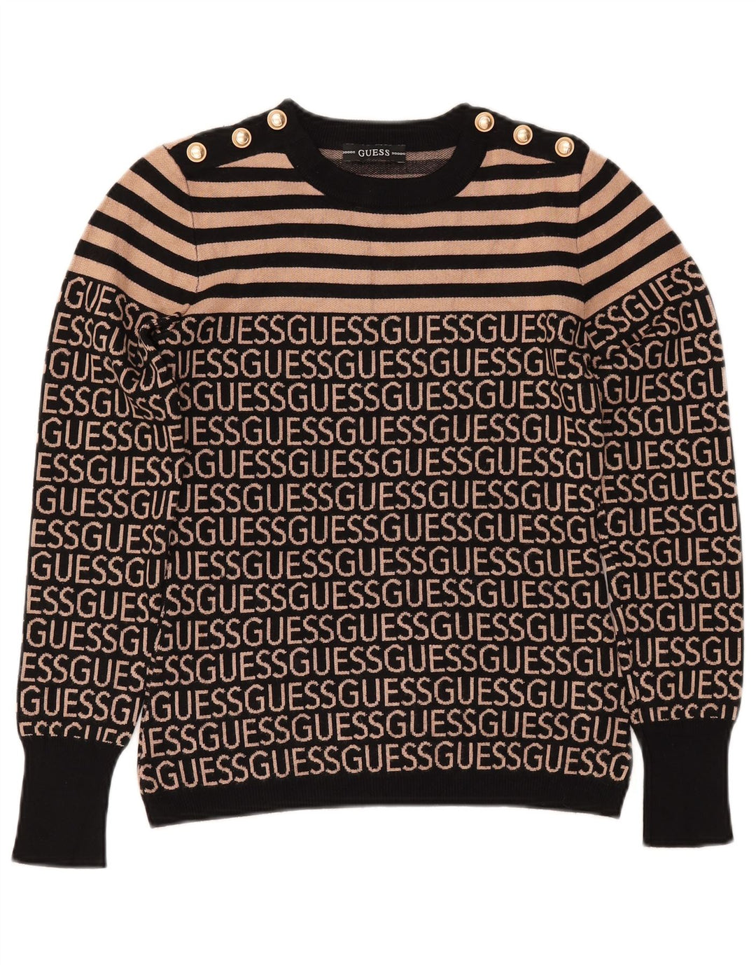 GUESS Damen-Pullover mit grafischem Rundhalsausschnitt, Gr. 10, Größe S, Schwarz, gestreift