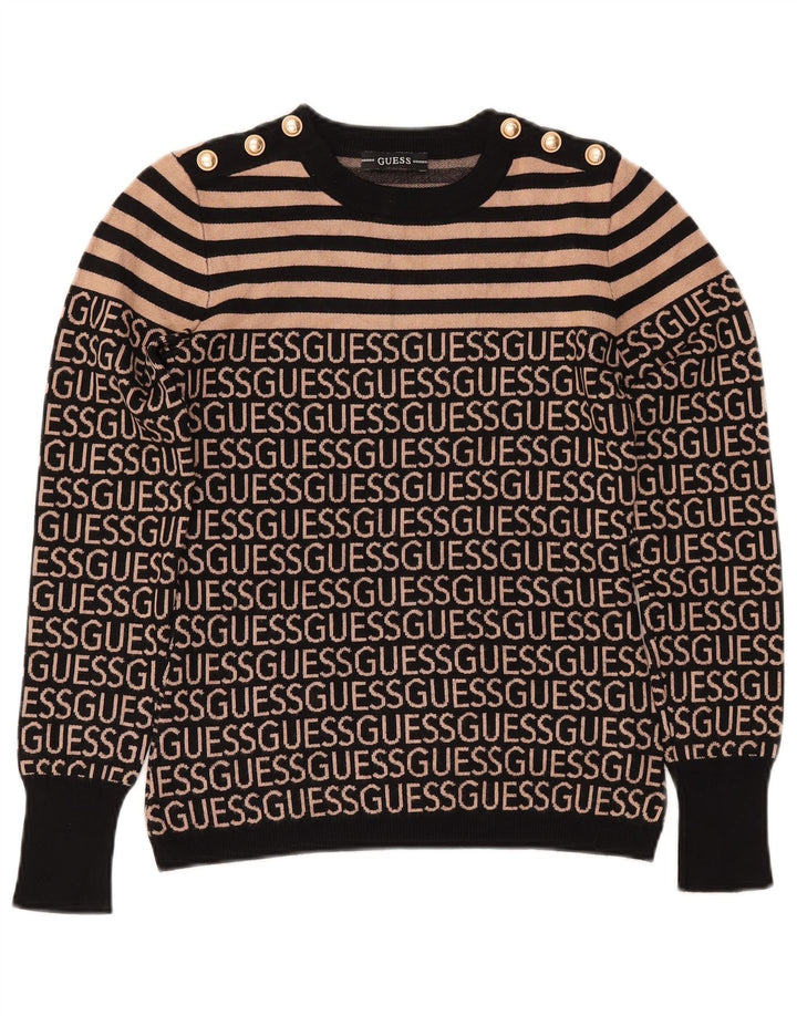 GUESS Damen-Pullover mit grafischem Rundhalsausschnitt, Gr. 10, Größe S, Schwarz, gestreift