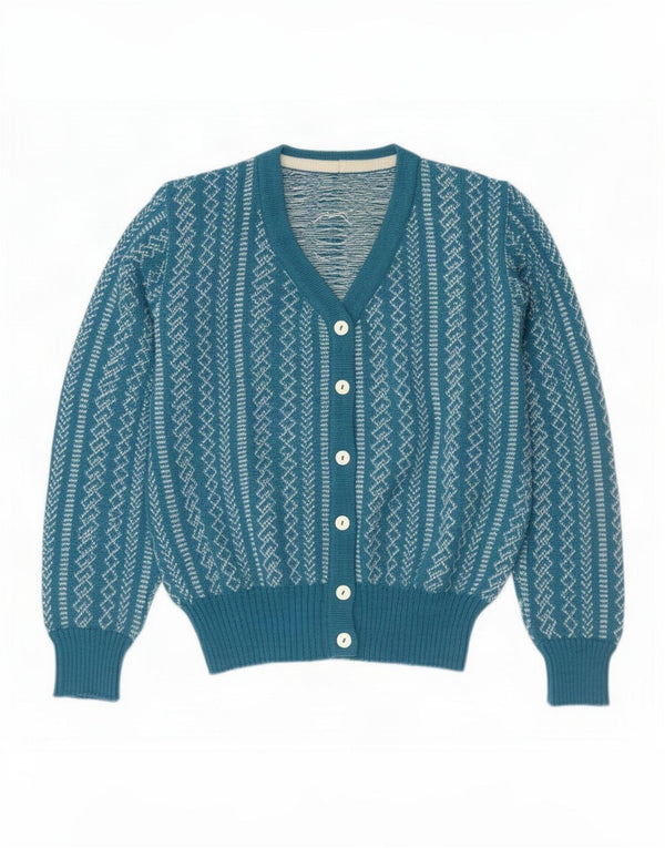 Vintage Damen Cardigan Pullover UK 14 Mittelblau Geometrisch